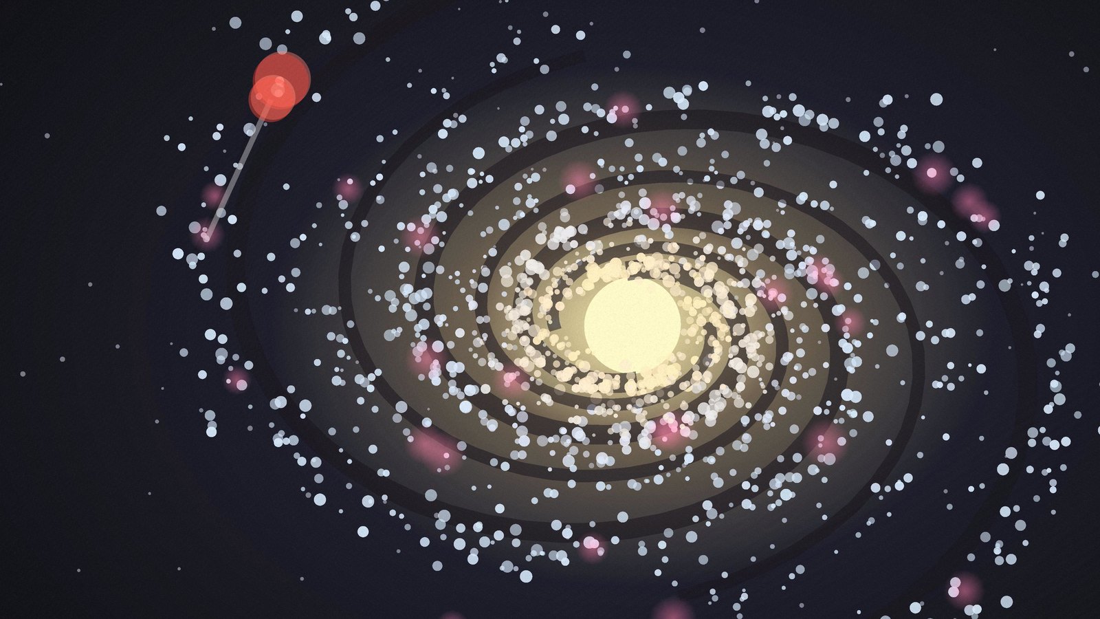 The galaxy stop: a cut-paper spiral with a warm core, arms of punched-out stars with dark dust lanes and pink knots, and a red map pin in one arm