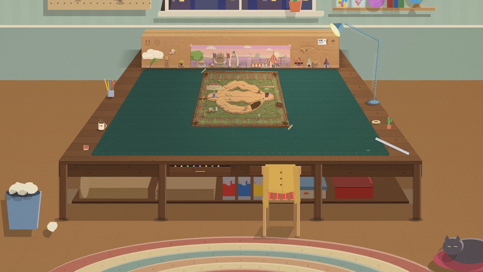 The workbench from the room: the fight's board on a green cutting mat, bare walnut round it, a shelf underneath with paint tins, a red box and cartons, Jim's yellow chair with a cardigan over it, a wastepaper basket on the left and the cat asleep on a cushion on the right