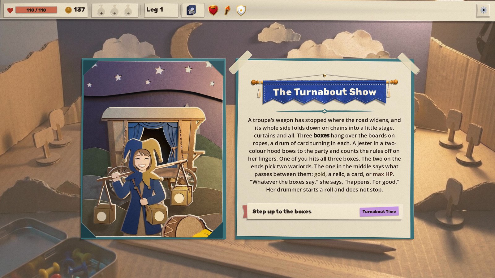 The Turnabout Show's event page: a cut-paper jester in a blue and gold hood stands in front of a troupe's wagon, carrying three boxes on a yoke, beside the page that explains the game and its one choice, Step up to the boxes