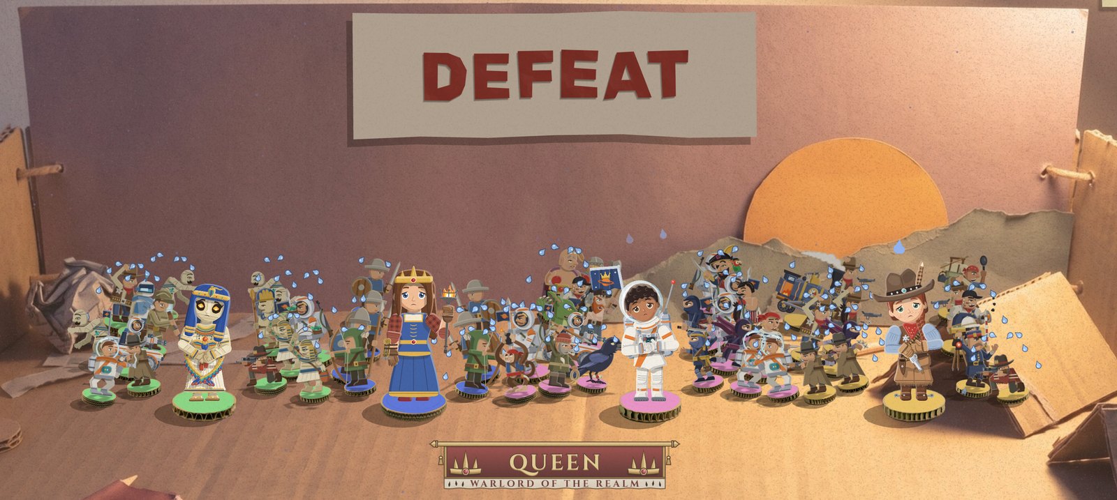 The defeat recap in a four-player co-op run: under a DEFEAT sign in a cardboard box, the four warlords stand at the front of their armies in one big huddle, every piece crying blue paper tears