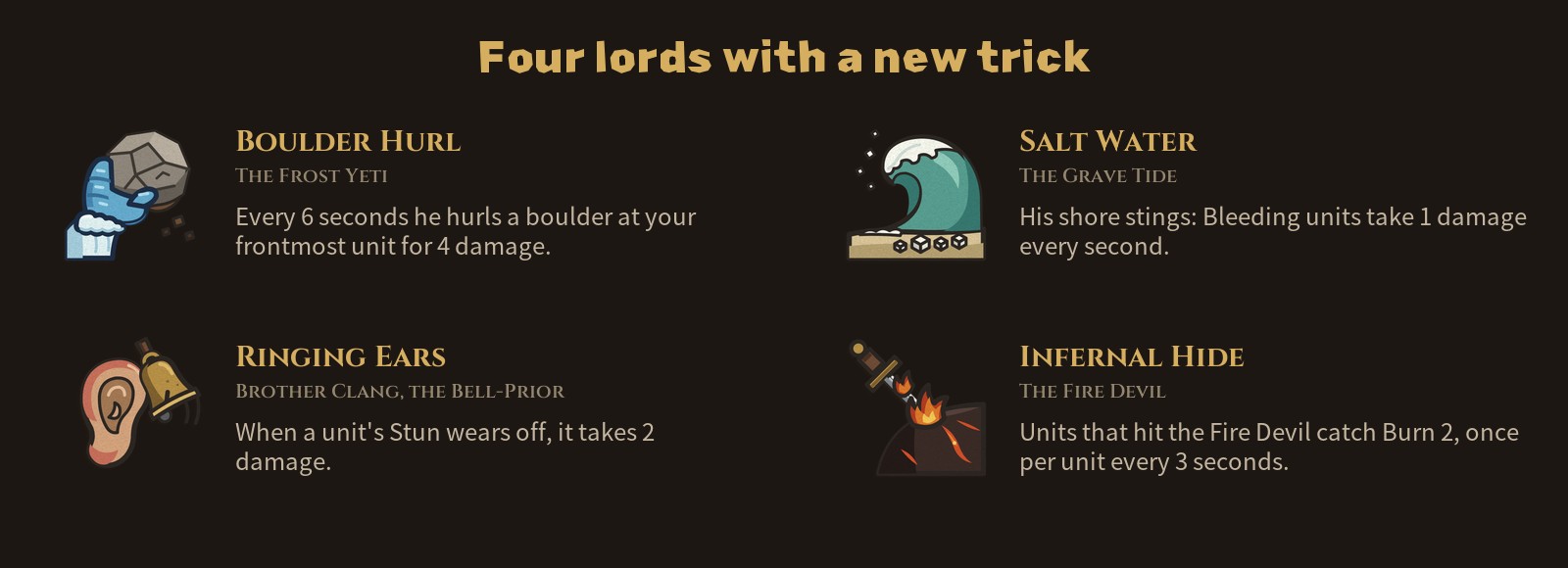 Four new lord effects with their cut-paper icons: Boulder Hurl for the Frost Yeti, Salt Water for the Grave Tide, Ringing Ears for Brother Clang, the Bell-Prior, and Infernal Hide for the Fire Devil, each with its rule