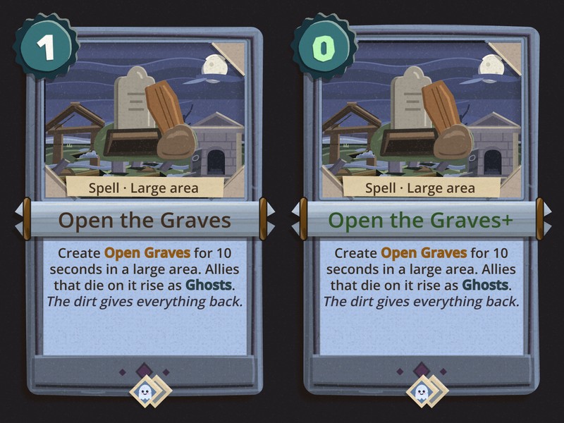 Open the Graves and its upgrade: a grave dug open at night under a full moon, the coffin lid propped against the headstone