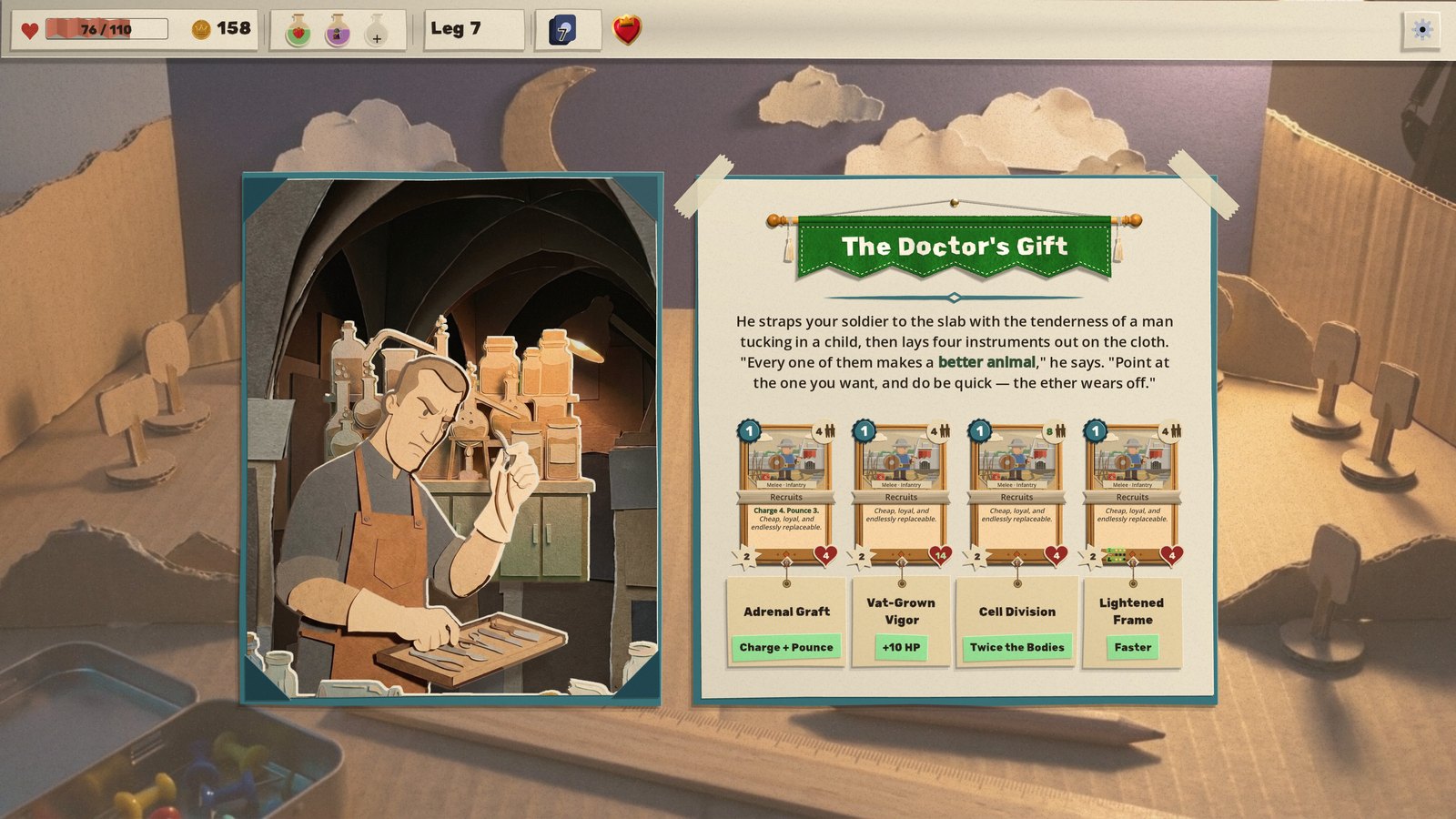 The Doctor's Gift: the Vivisectionist turns a scalpel over in his lab beside four copies of a Recruits card, each showing one surgery, Adrenal Graft adding Charge and Pounce, Vat-Grown Vigor raising its health to 14, Cell Division doubling its count to 8, and Lightened Frame moving its speed pips in green, each with a tag naming it
