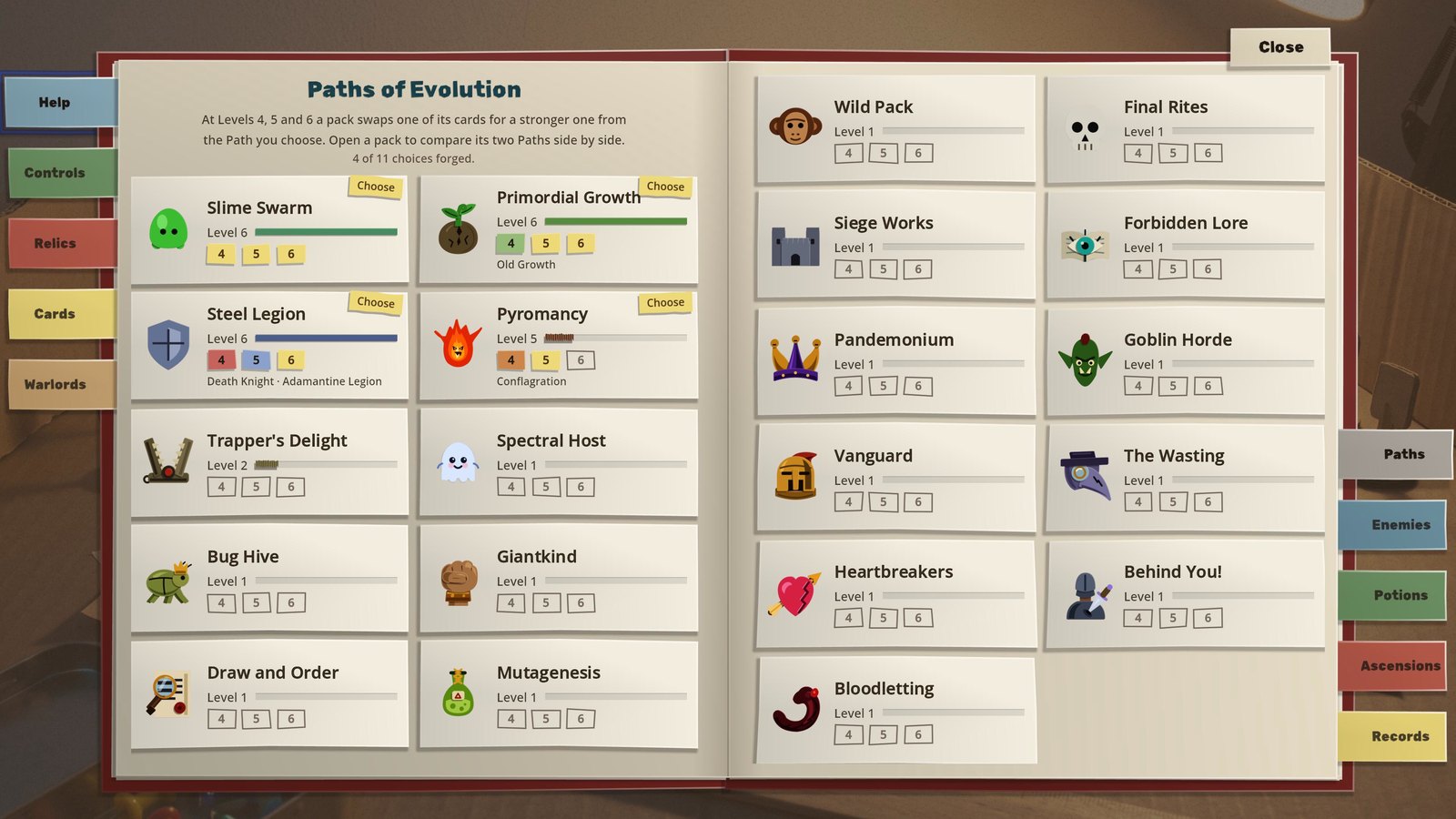 The Compendium open on Paths of Evolution: slips for every pack with Paths, Slime Swarm, Primordial Growth, Steel Legion and Pyromancy first with yellow Choose notes, each showing its level, an XP strip and three level tabs coloured by the Path that owns them