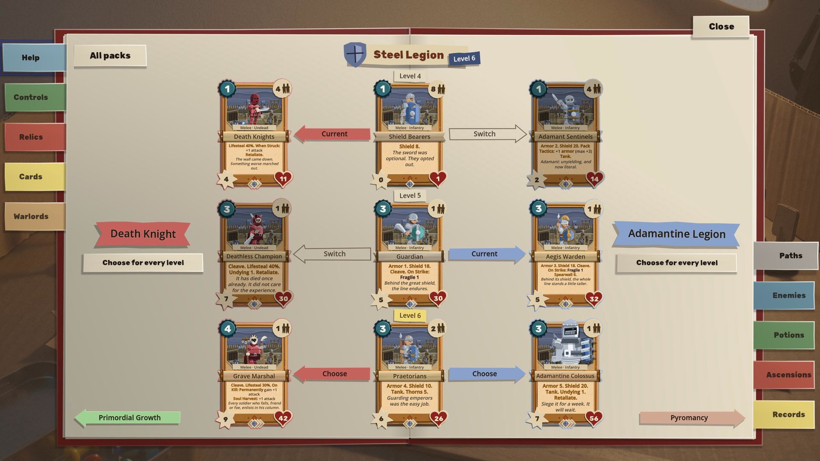 Steel Legion's spread: at levels 4, 5 and 6 the Shield Bearers, Guardian and Praetorians cards sit in the middle, with arrows out to the Death Knight Path's cards on the left and the Adamantine Legion Path's on the right, marked Current, Switch and Choose