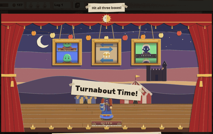On a velvet-curtained stage at dusk, a warlord walks under each hanging box and jumps to hit it; the left box stops on her own face, the right box on her partner's, and the middle box on a relic swap