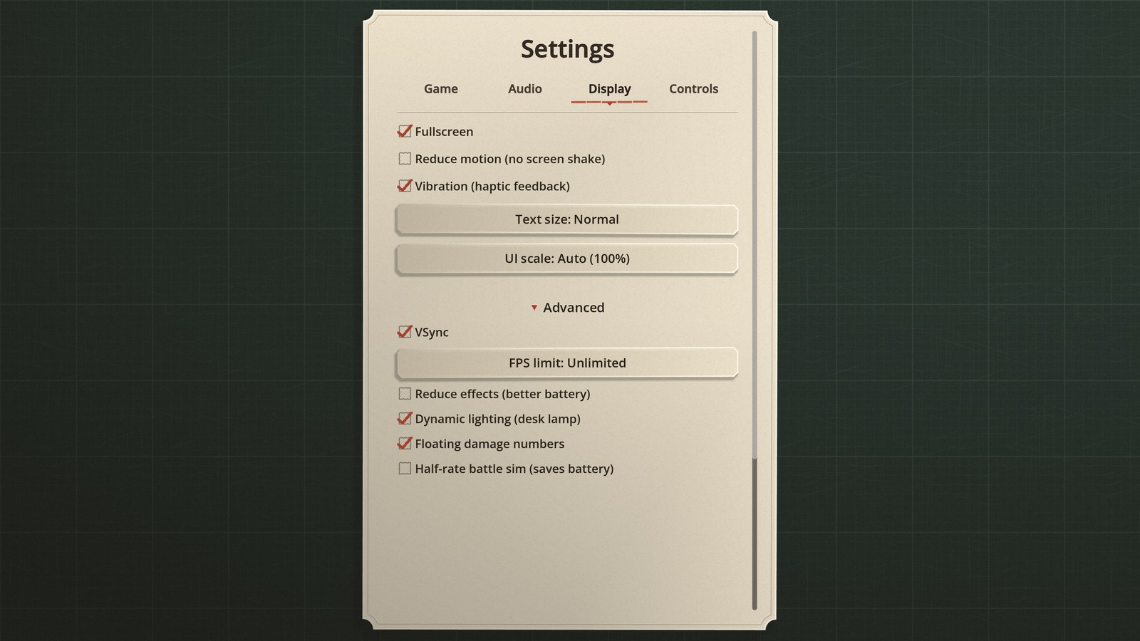 The Display page's Advanced fold