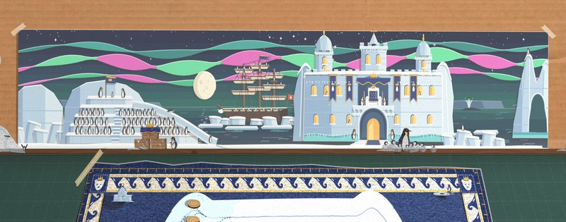 Calvin's back wall: a card taped to the kraft wall of the box shows the polar sea at night under green and pink aurora ribbons, a paper moon, an explorer's ship frozen into the ice, a terraced rookery packed with penguins, and his ice palace hung with navy banners