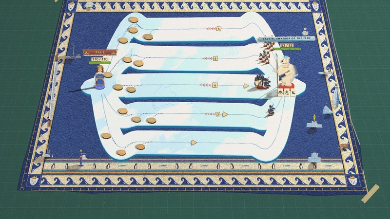 The opening of Calvin's fight: five long floes of snow-covered sea ice run from your warlord's berg to his on a navy wool blanket bordered with waves and penguins, with Calvin on the right holding his harpoon among his first penguins, and an igloo, a snow penguin, a fishing hole and a signal mast standing on the blanket