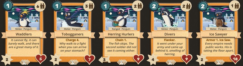 Five of Calvin's penguin cards from his Compendium page: Waddlers, Tobogganers with Charge 4, Herring Hurlers with Chain 1, Divers with Flanker, and the Ice Sawyer with Armor 1 and Ice Saw