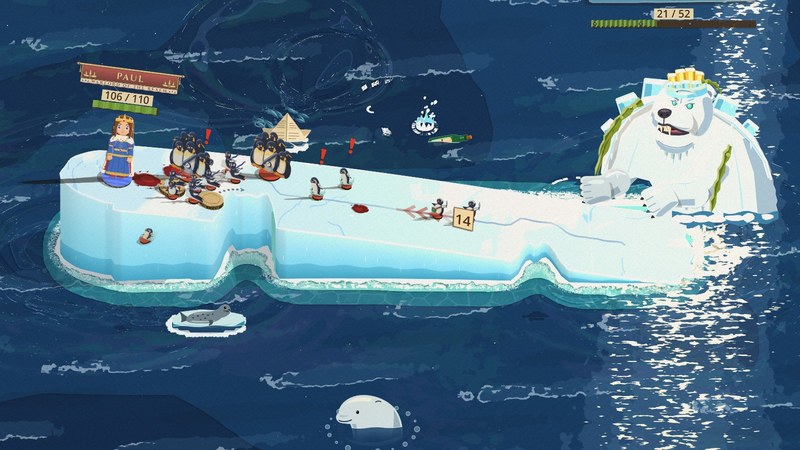 The Last Floe up close: the floe tips on the swell with its high end standing on a pale ice cliff, the Bear Beneath leans on the far end, and the sea round it is full of toys: a beluga surfacing, a seal on a pan of ice, a paper boat, a bottle with a message, and a ring of foam where the water was clicked