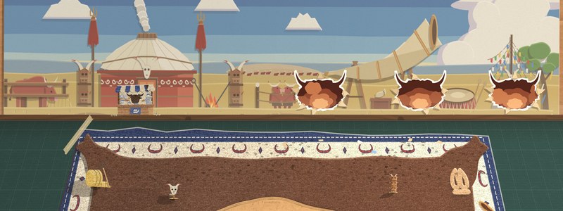 After the stampede: Bill's backdrop card, a yurt camp on a sunny steppe with a giant war horn, stays punched through with three ragged bull-shaped holes