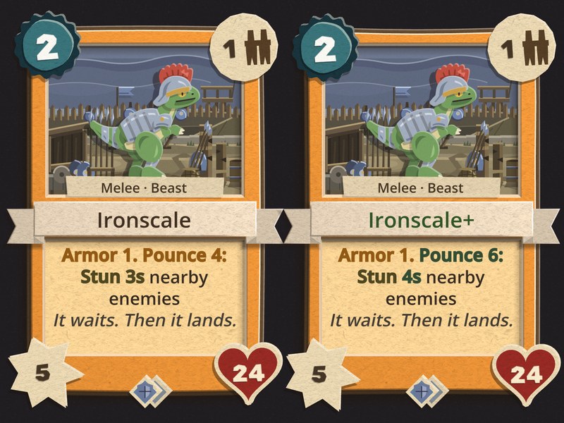 The Ironscale card and its upgrade: a green war-lizard in plate armour and a red-crested helmet in front of a legion camp, a 2-energy Melee Beast summon, "Armor 1. Pounce 4: Stun 3s nearby enemies", upgraded to Pounce 6 and Stun 4s, 5 attack and 24 health, "It waits. Then it lands."