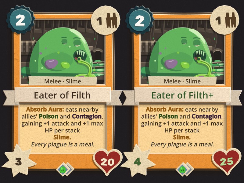 The Eater of Filth card and its upgrade: a fat green slime with a fanged mouth and a lolling tongue, a 2-energy Melee Slime summon, "Absorb Aura: eats nearby allies' Poison and Contagion, gaining +1 attack and +1 max HP per stack", 3 attack and 20 health, upgraded to 4 and 25, "Every plague is a meal."