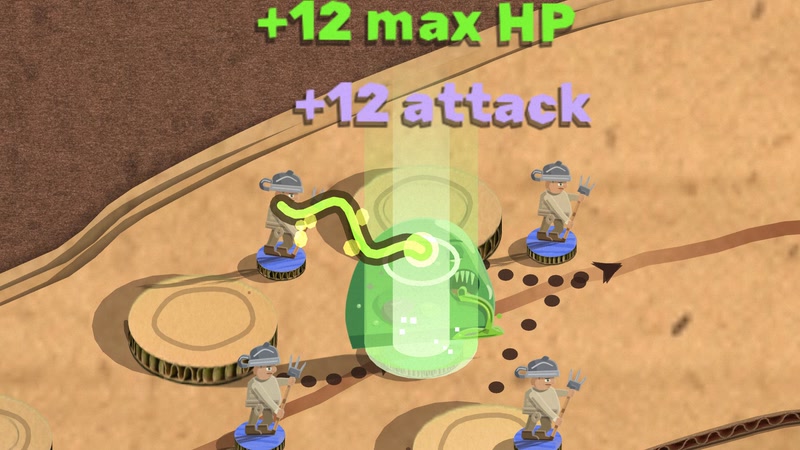 An Eater of Filth among four poisoned militiamen: a green tendril runs from one of them into the slime's mouth, it glows, and "+12 attack" and "+12 max HP" float up over it