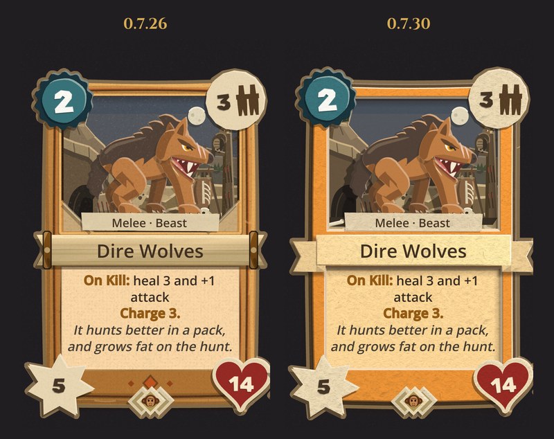 The Dire Wolves card in 0.7.26 and in 0.7.30, side by side. On the left, the old face: a painted orange frame, the name on a flat wooden scroll with rods at both ends, and a row of small diamonds along the foot. On the right, the new one: a sheet of bright orange card with the picture and the rules set behind holes cut in it, a lighter ply showing round each hole, and the name on a folded paper banner whose tails fold back behind the card