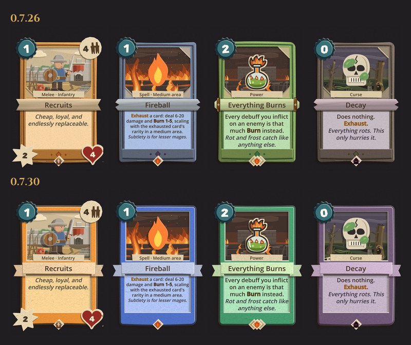 Four cards of four types, Recruits, Fireball, Everything Burns and Decay, in 0.7.26 above and 0.7.30 below. The old row has muted painted frames and wooden name scrolls; the new row is cut from brighter coloured card, each with its name on a folded paper banner