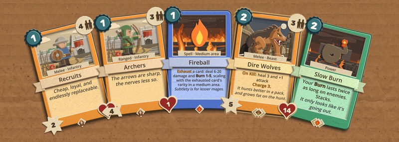 A fanned hand of the new cards on the cardboard desk: Recruits, Archers, Fireball, Dire Wolves and Slow Burn