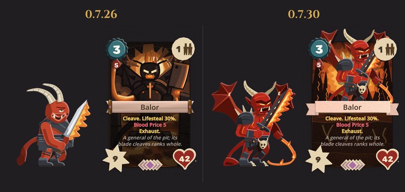 Balor in 0.7.26 and in 0.7.30. On the left, the old standee, a hunched little red devil with a sword, beside his old card, whose painting showed a different black devil. On the right, the new standee, a pit lord with bat wings thrown up, a crown of horns, a flaming greatsword and a burning whip, beside his new card, where that same figure stands up out of a fiery pit and over the top edge of the card
