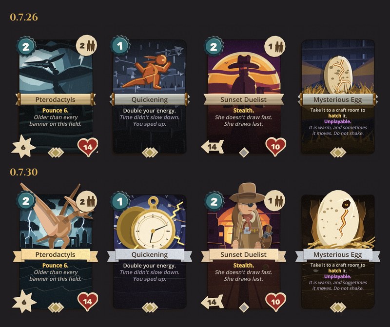 Four full-art cards in 0.7.26 above and 0.7.30 below: Pterodactyls, Quickening, Sunset Duelist and Mysterious Egg. The old cards were flat paintings of silhouettes; on the new ones the subject stands up out of the card's own scene, the pterodactyl's wings and the duelist's hat breaking over the top edge, a gold pocket watch in front of a storm of stopped arrows, and a cracked egg glowing in its nest