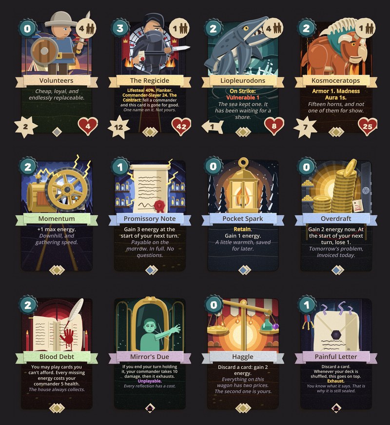 Twelve more full-art cards as they print in 0.7.30, each with its subject standing up out of its own scene: Volunteers, The Regicide, Liopleurodons, Kosmoceratops, Momentum, Promissory Note, Pocket Spark, Overdraft, Blood Debt, Mirror's Due, Haggle and Painful Letter