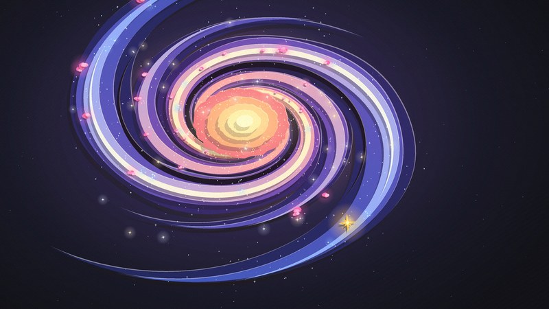 The long zoom's galaxy: arms of layered paper strips in plum, navy, lilac and cream, little pink paper clouds along the arms, a core of stacked coral-to-cream discs, and a small gold eight-pointed star on an outer arm where the sun is