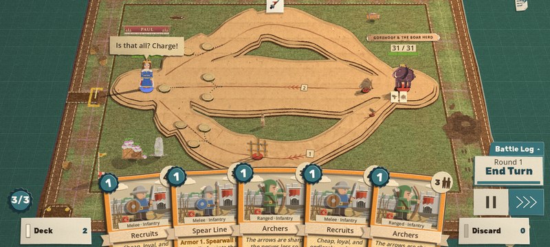 A fight on a phone-shaped screen: five big cards dealt along the bottom edge, sunk so their pictures and names show, End Turn and the battle log on the right above a pause button and one speed chip, Deck and Discard as wide chips in the corners
