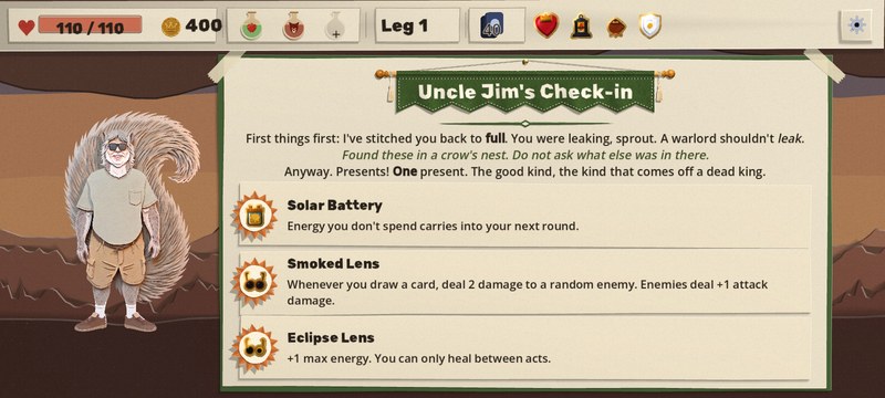 Uncle Jim's Check-in on a phone: Jim stands on the left as a cut-paper squirrel in sunglasses and shorts, and his sheet takes the rest of the screen in big type, with three relics to choose from, Solar Battery, Smoked Lens and Eclipse Lens