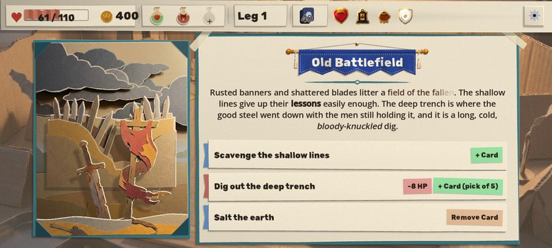 The Old Battlefield event on a phone: its cut-paper picture of swords and a torn banner on the left, and the page on the right in big type with three wide option slips, Scavenge the shallow lines, Dig out the deep trench and Salt the earth