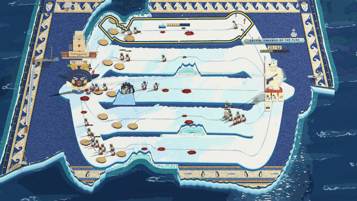 A whole floe goes: the top lane is ringed with a glowing yellow crack line and a paper countdown strip runs down above it, then the floe turns pale, breaks along the line and drifts off into the sea with what stood on it, while a smaller piece lower down is outlined with a countdown of its own