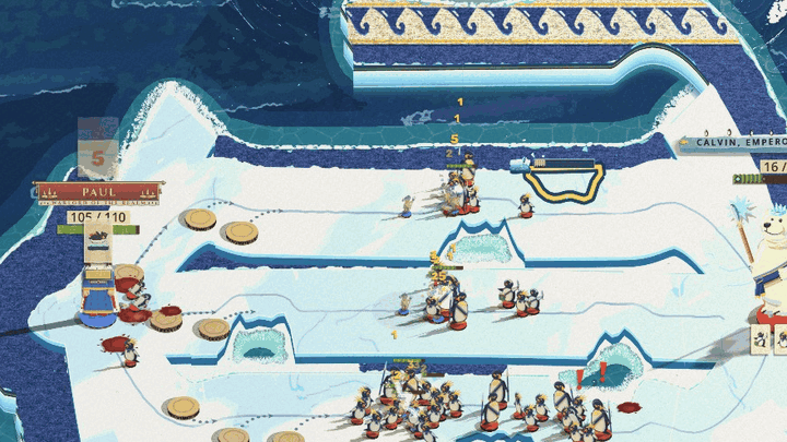 Belly Flop: a giant emperor penguin drops belly first out of the sky onto a crowd in the middle lane, flippers out, and the units under it are thrown outward while chunks of ice break off the floe behind. The clip plays at two thirds speed