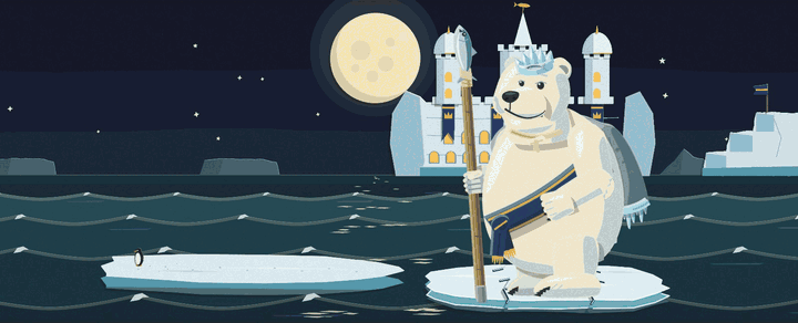 The Last Floe: Calvin's palace crumbles into the sea behind him, his floe breaks under his feet and he goes under, then comes back up out of the water as the Bear Beneath, huge and hunched, with a mane of berg ice and a gold glow in his crown, and takes hold of the end of the last floe