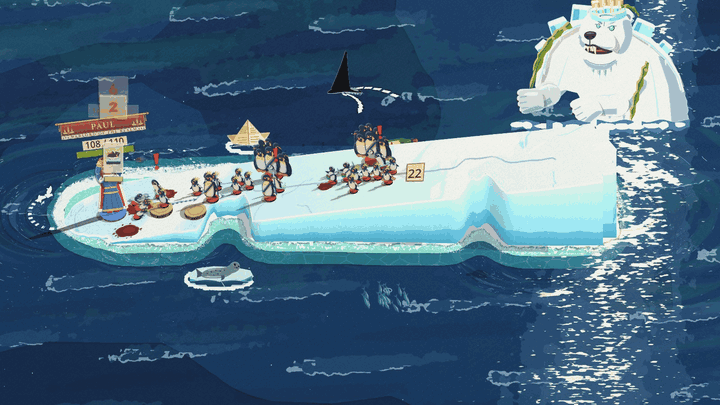 The last floe on open sea with the Bear Beneath holding the far end: the floe is tipped up on a pale ice cliff after his Heave and rocks back toward level, your army and his penguins fighting along it while an orca fin circles behind and a seal sits on its pan of ice below