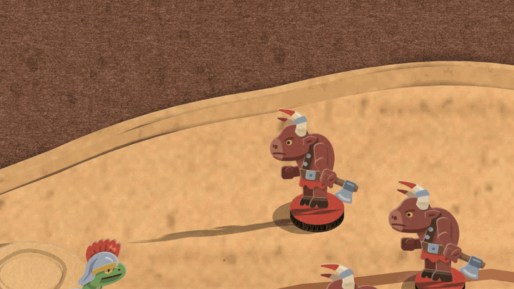 An Ironscale leaps onto a Bloodhorn Berserker; where it lands the cardboard road splits, flaps of card tear up and slap back down, paper dust puffs out and yellow stars tumble as the Berserker is Stunned