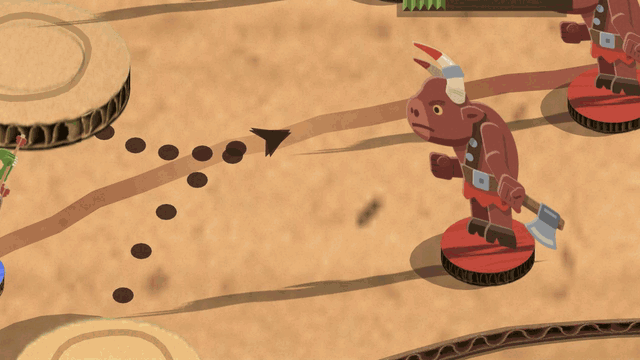 A Bloodhorn Berserker hit by a goblin archer's arrow tips back off its feet and falls flat on its back across its red stand, lies there a beat, and fades away