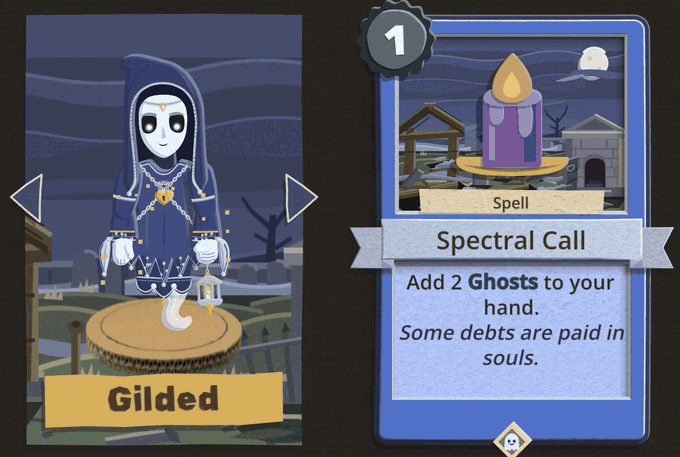 In the Compendium, the Spectral Host's commander stands in a card-sized cut-paper scene as the first card of the pack's shelf, beside Spectral Call, and turns round on his base: Gilded, then Ascendant, a flat black cut-out with a padlock on its chest behind a sheet of vellum, then Battleworn
