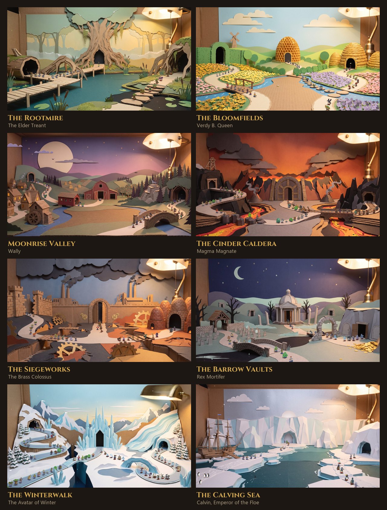 The eight Continue menu sets, each labelled with its land and its boss, every one a cut-paper diorama in a cardboard box under a brass desk lamp with two columns of standees marching through it: The Rootmire (boardwalk, hollow log and giant tree), The Bloomfields (giant beehives, flower beds, a hedge arch and stepping stones in a brook), Moonrise Valley (a village, a covered bridge, a red barn and a big moon), The Cinder Caldera (a mine, lava rivers and a foundry gate), The Siegeworks (broken towers, cogs, kilns and a citadel gate), The Barrow Vaults (a lychgate, headstones, a domed mausoleum and a treasury heaped with coins), The Winterwalk (switchback roads, a snow bridge and a gate of ice) and The Calving Sea (a frozen ship, floes and an iceberg cave)