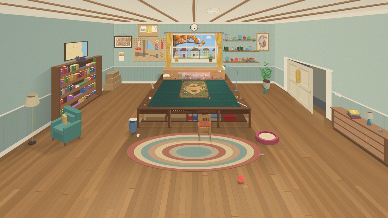 Jim's room seen from above the long zoom: a big workbench with the green cutting mat and the game board on it in the middle of a wooden floor, a round rag rug and a chair in front, a bookcase with a cat on top, an armchair and floor lamp on the left, a chest of drawers by the open door on the right, a pegboard of tools, shelves of toys, a framed squirrel portrait, and an autumn tree with orange leaves outside the window