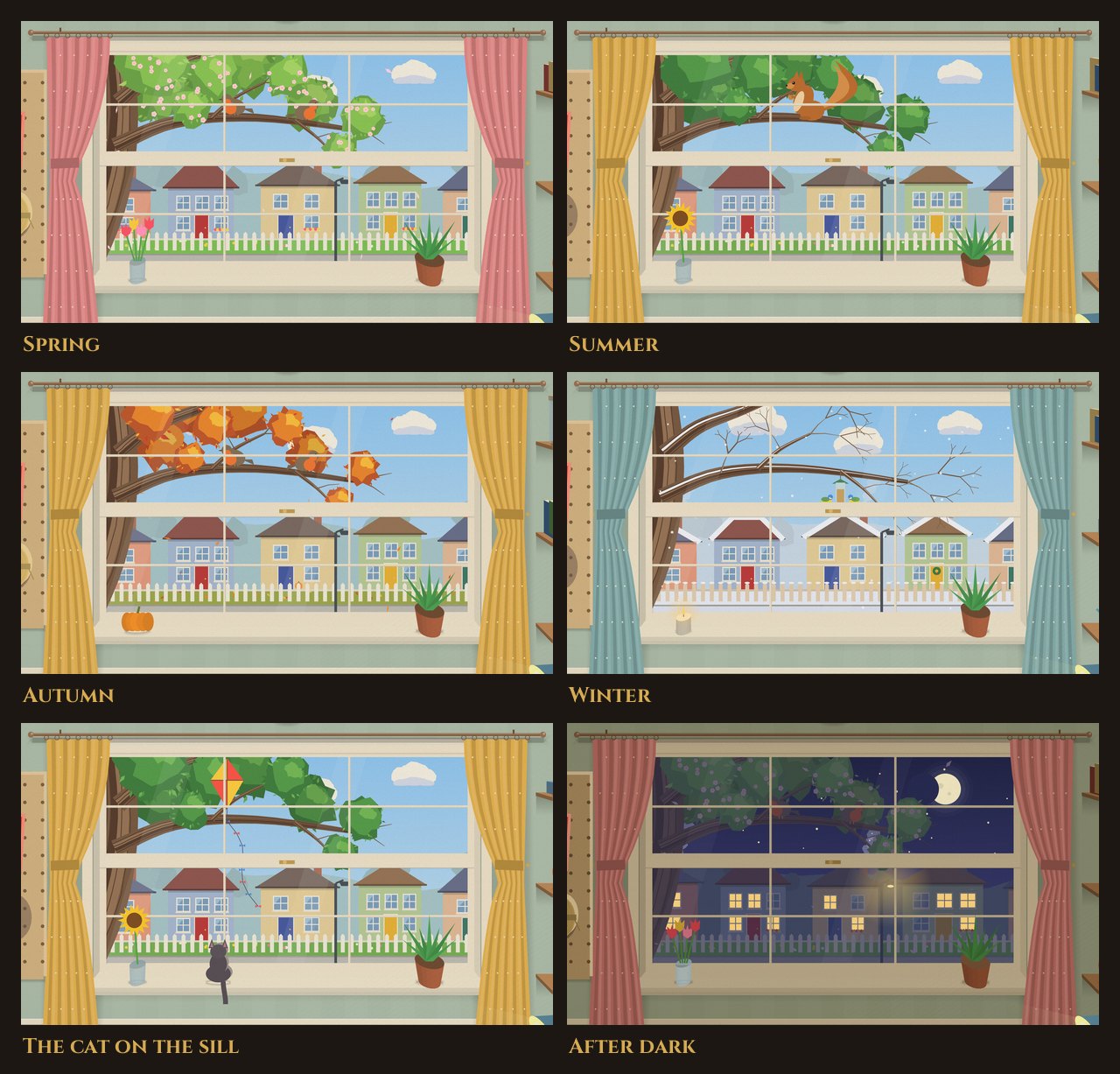 Jim's window in six different fights: spring, with blossom on the tree, robins and tulips on the sill behind pink curtains; summer, with a squirrel on the branch and a sunflower; autumn, with orange leaves and a pumpkin on the sill; winter, with bare snowy branches, a bird feeder, snow on the roofs and a candle on the sill behind blue curtains; summer again with a kite caught in the tree and the cat sitting on the sill; and after dark, with a moon, lit windows across the street and a street lamp