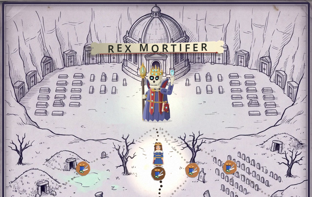 The head of the run map in the Barrow Vaults: Rex Mortifer, a crowned skeleton king in red robes, stands in a walled court of graves under a domed mausoleum, his name plate hanging over him; dotted roads climb past barrow mounds and dead trees to the party on the rest row below him