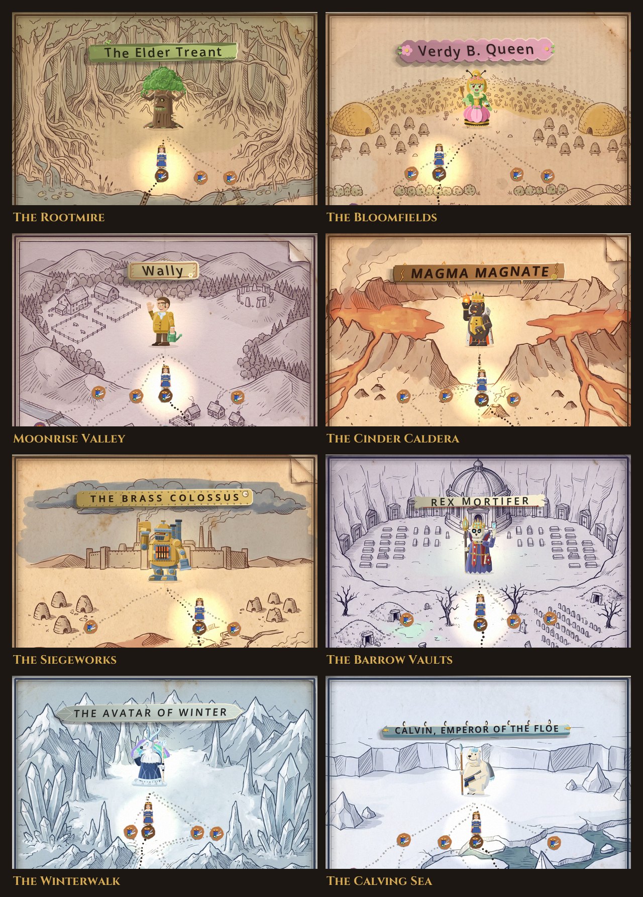 The head of the run map in all eight lands, each a hand-drawn sheet with its boss standing in the space it leaves for him under a hanging name plate, and the party on the rest row below: The Elder Treant among giant roots in the Rootmire, Verdy B. Queen between two giant hives in the Bloomfields, Wally by a farm and standing stones in Moonrise Valley, the Magma Magnate in a crater split by lava in the Cinder Caldera, the Brass Colossus in front of a walled works and chimneys in the Siegeworks, Rex Mortifer in a court of graves under a domed mausoleum in the Barrow Vaults, the Avatar of Winter in an ice field ringed by crystal peaks in the Winterwalk, and Calvin on the ice shelf over broken floes in the Calving Sea