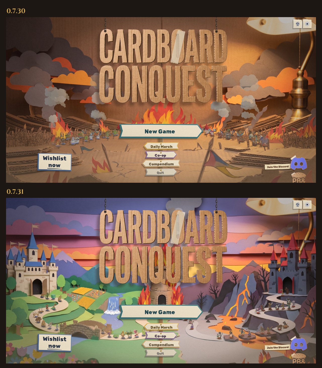 The New Game menu in 0.7.30 and in 0.7.31. Above, the old one: a brown cardboard valley full of smoke and flames, with crowds of figures printed into the scenery and two armies facing each other across a battlefield. Below, Two Kingdoms: a green kingdom with a cream castle with blue roofs, fields and a waterfall on the left, a dark fortress with red roofs on a black crag over lava on the right, a keep on fire in the middle, and columns of standees walking each side's road