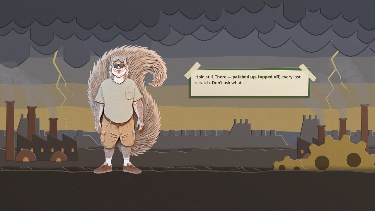 Uncle Jim, a squirrel in sunglasses, a tee and cargo shorts, stands on the road in the Siegeworks with a note taped up beside him, in front of factory chimneys, a long wall, brass cogs and lightning under a heavy grey sky