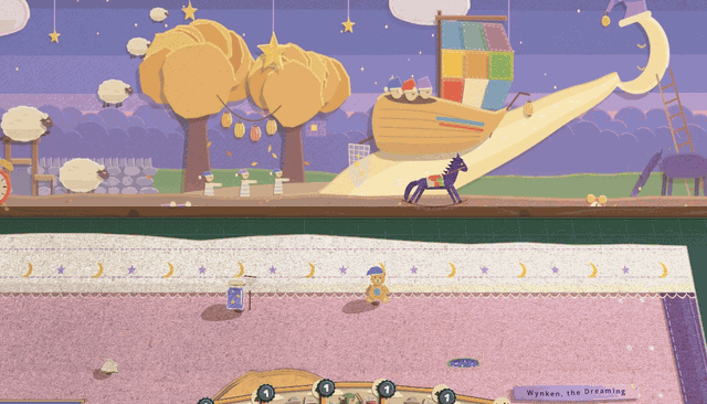 Wynken's phase break: a child's crib mobile lowers over the night-sky backdrop card at the top of his quilt, a crescent moon in a nightcap, sheep, gold stars and a wooden shoe on a cross of dowels, and as it turns each piece twists round on its thread to its nightmare side, the sheep to purple Sleep Demons and the stars to eyes, while their shadows drift over the quilt