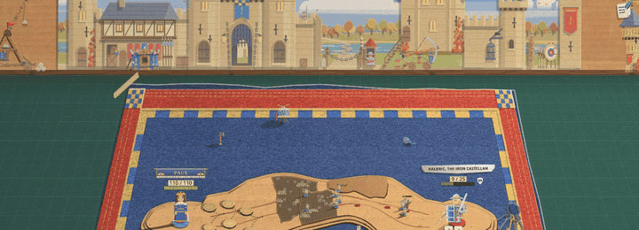 The Iron Wardens' phase break, across the whole box wall: Haldric's castle runs on out of both edges of his backdrop card, walls and towers springing up one after another to left and right like a wave, a moat fills along the foot of the wall, and a corrugated-card drawbridge comes down across it onto his blanket's checked border