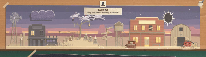 The Pale Rider's first phase break, on his backdrop card: the painted western behind his blanket rolls away to the left like a stagecoach's panorama, the frontier town sliding out of the picture and the flats, telegraph poles and mesas going past at their own speeds under a black sun, until it stops on another stretch of the Boneflats with a great skeleton and a lone tree