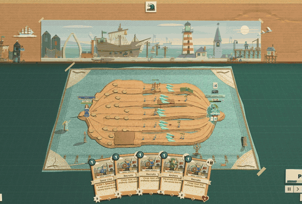 The Grave Tide's phase break from above the whole box: the sea comes in over the stage itself, the water climbing the box wall and closing over the harbour on his backdrop card, the light going green under the surface, and tall kelp growing up out of the corners of the desk round the blanket