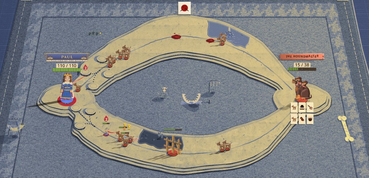 The Blood Hunt's fight after Blood Frenzy: the whole box drained to slate grey and dull ochre, the oval board pale, and only the blood still red: pools on the road, red Bleed drops over two wounded militia near your commander, a faint red scent trail running from them, and the Houndmaster's two hounds at the far end