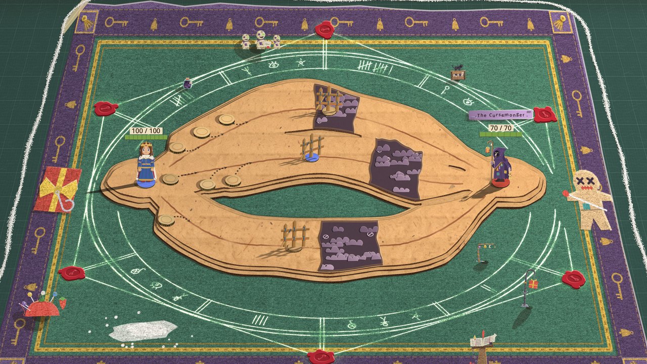 The Cursemonger's arena after The Ledger Comes Due: a ring of salt runs round the outside of his green blanket, and across the felt a chalk sigil has been drawn round the board, a double ring with a hexagon, ruled spokes and rows of tally marks between them, red wax seals pressed at its points