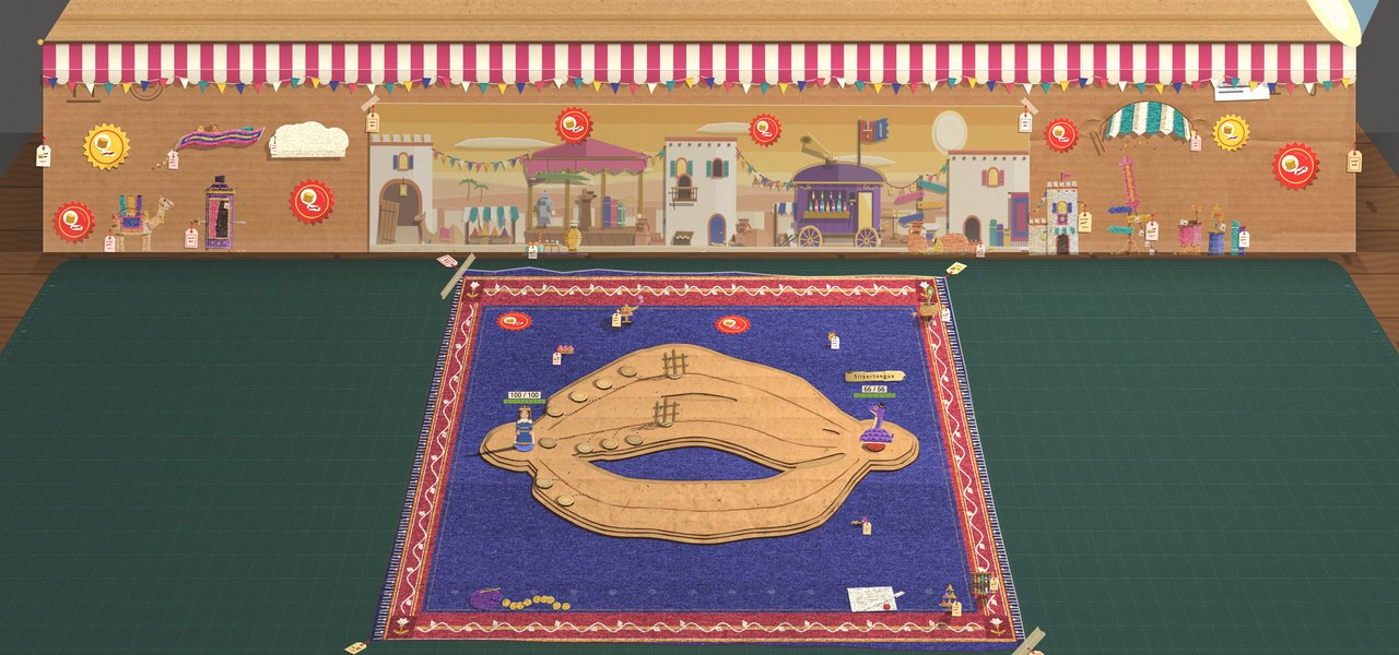 Silvertongue's whole box after Everything Must Go: a pink and white striped market awning runs along the top of the box, red and gold starburst sale stickers are slapped on the box face and his bazaar backdrop card, and paper price tags on string hang off the props on his purple rug